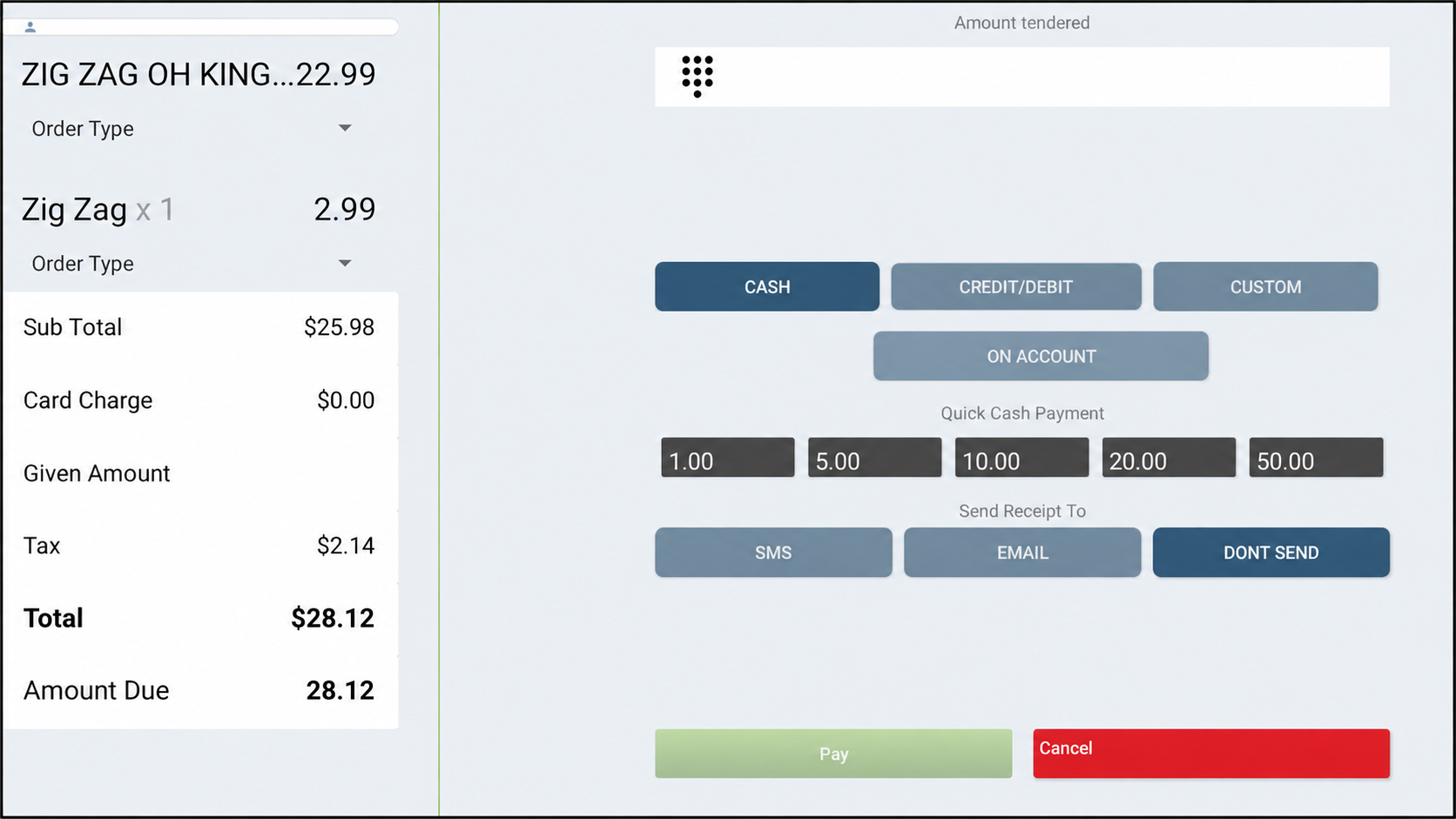 AOne POS payment screen with tender options