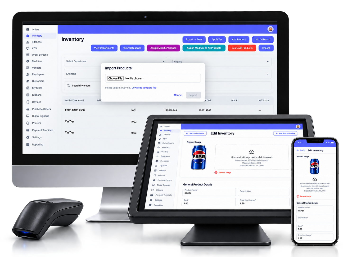 AOne POS inventory import and product editing across desktop, terminal and phone